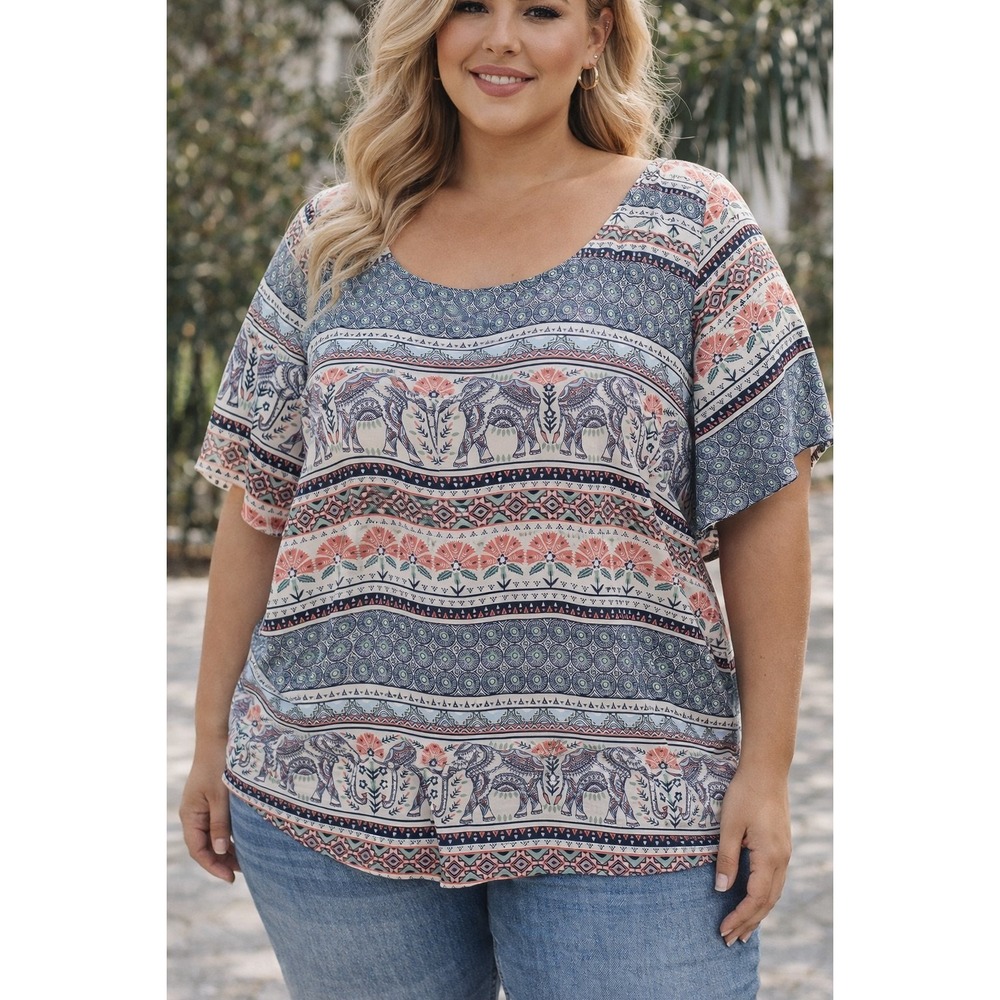 Torrid Elephant Print Blouse Womens 3 Multi Color Short Sleeve Boho Tribal Top